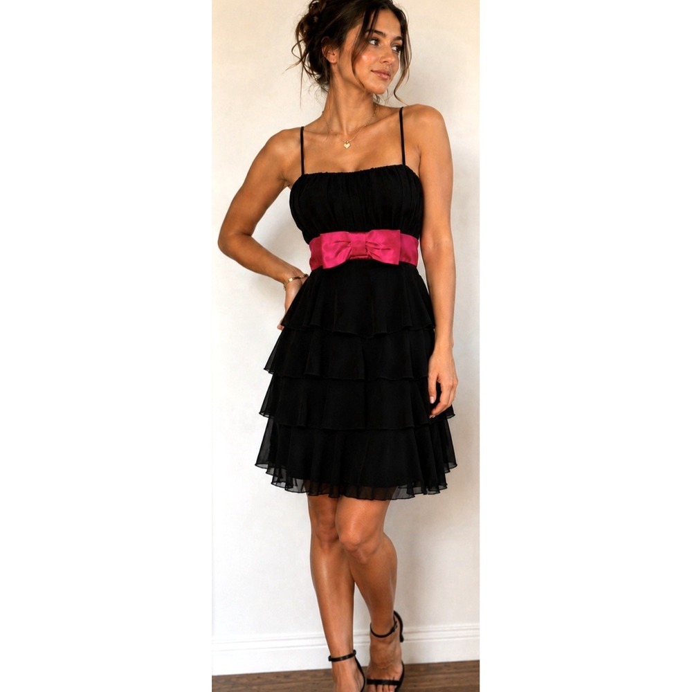 Y2K B Darlin Ruffle Mini Cocktail Dress Size 3 4 Satin Bow Sleeveless HOCO Prom